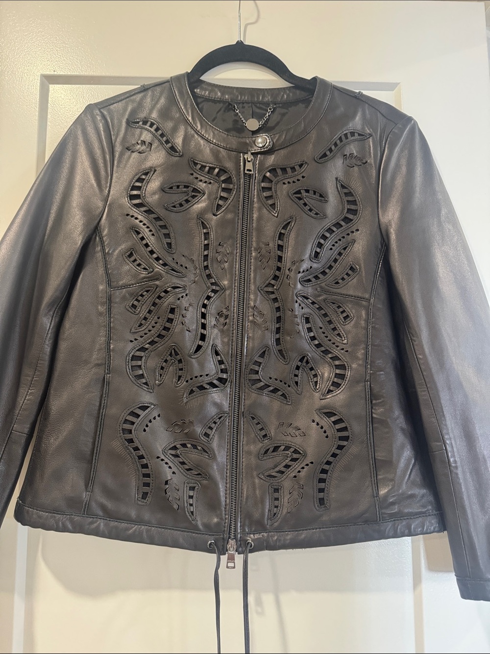 Marc Cain Black Laser-Cut Leather Zip Front Jacket